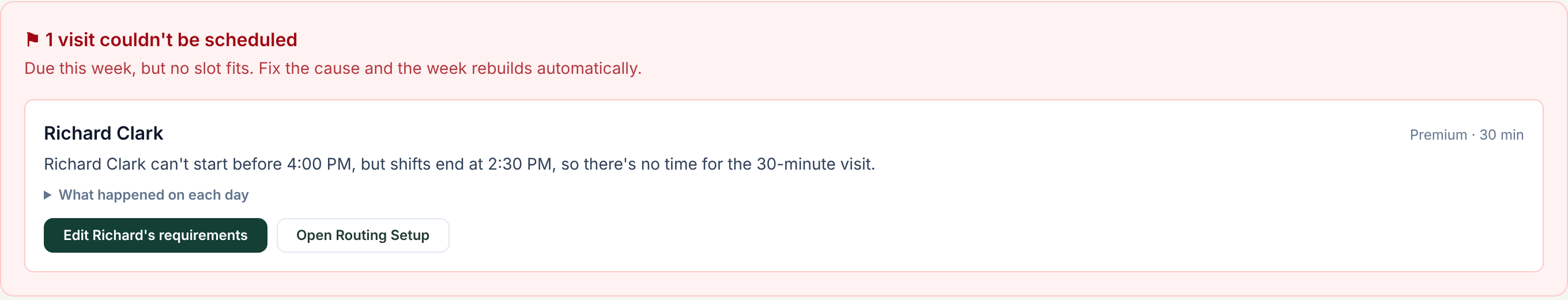 Route Tight flag: 1 visit couldn't be scheduled. Richard Clark can't start before 4:00 PM, but shifts end at 2:30 PM, so there's no time for the 30-minute visit.